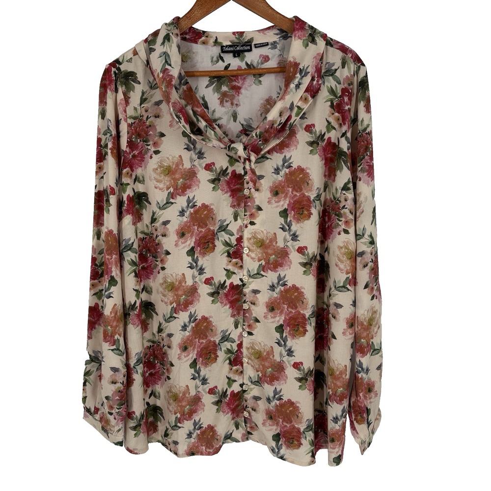 Tolani Women Button Up Top Small Floral Tie Neck Oversized‎ Cottagecore Feminine